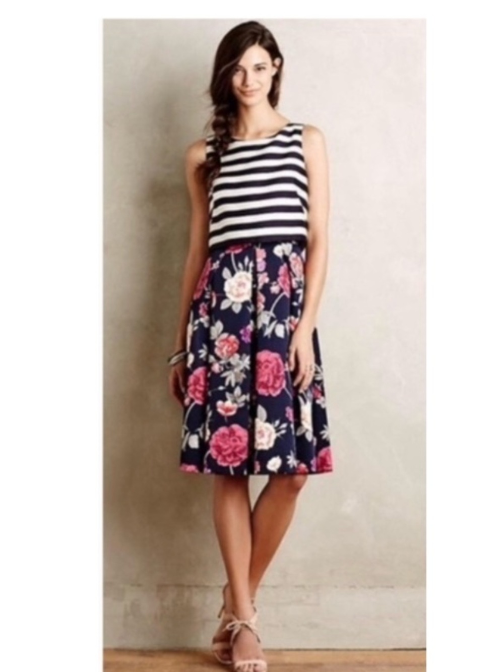 Anthropologie Moulinette Soeurs Striped Floral Sleeveless Fit & Flare Dress 8